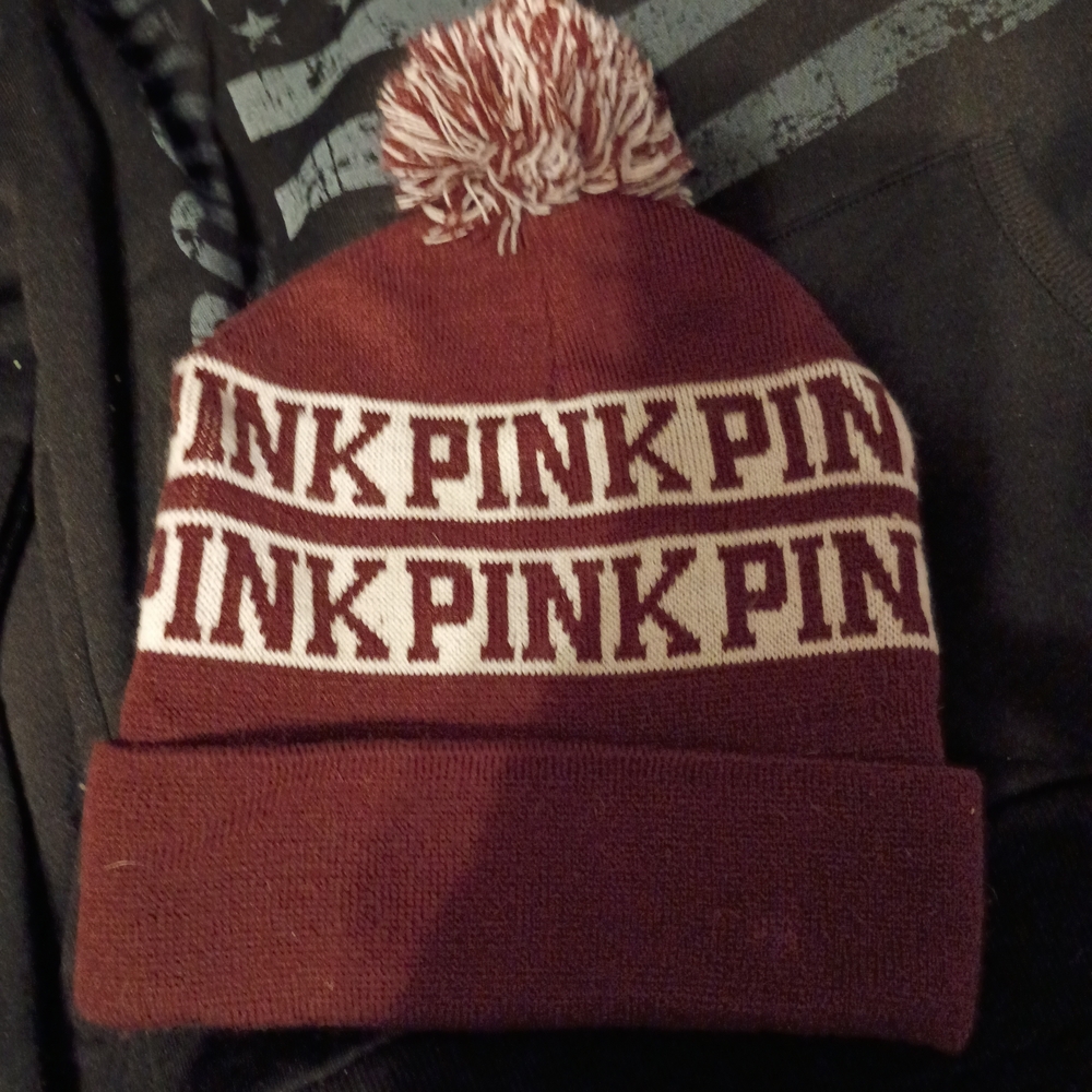 PINK Victoria's Secret Pom-Pom Beanie - Maroon and White